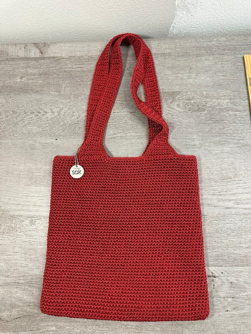 The Sak Crochet Shoulder Bag Red Double Handle Small Tote Bag